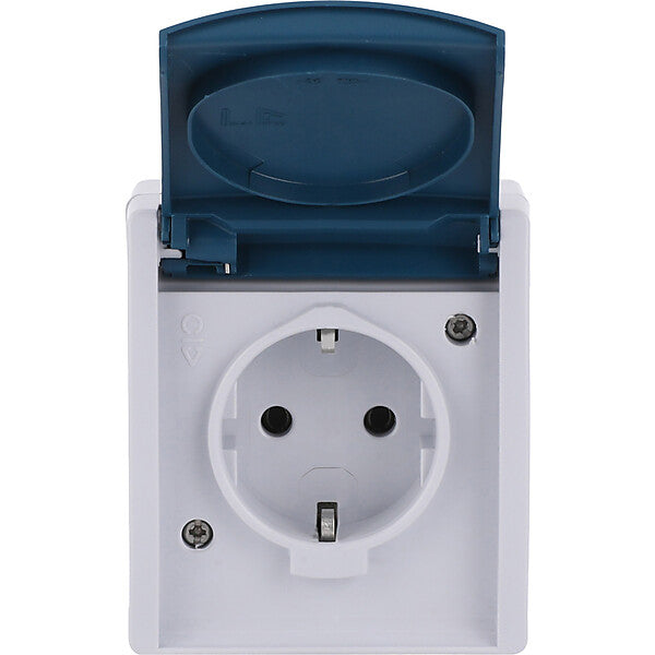 Busch-Jaeger Schuko-Steckdose gr/blgn AP, m.Klappdeckel 20 EW-53